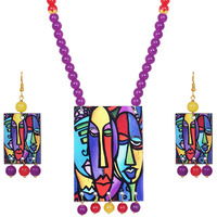 JFL - Jewellery for Less Beautiful Warli Painting Faces Pendant with Multicolor Beaded Handcraft Necklace Set for Women and Girls. (Purple, Red, Yellow),Valentine