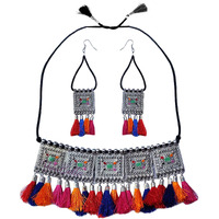 YouBella Fashion Jewellery Antique German Silver Oxidised Plated Tribal Cotton Thread Jewellery Necklace Earring Set for Women & Girls.(Valentine Gift Special). (Multi)