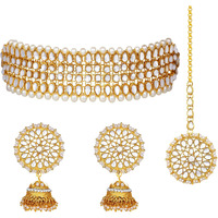 Peora Gold Plated Traditional Kundan Brass Alloy Pearl Choker Necklace with Earring Maang Tikka Jewellery Set for Women Girls