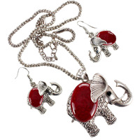 Lucky Jewellery Designer Oxidised German Silver Plated Red Color Elephant Design Navratri Garba Jewelry Pendant Locket Set With Matching Earring Girls & Women (175-CHL1O-LJ633-RED-S)