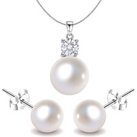 HighSpark Pearl Earrings Pendant Chain Set | 92.5 Sterling Silver & Brilliant Lustre Pearls | Lovely Gift for Women & Girls - Pearl Set 001