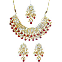 Karatcart 22K GoldPlated Traditional Kundan Pearl Bridal Red Choker Jewellery Set for Women