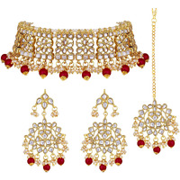 Peora Ethnic Indian Traditional Jewellery Kundan Choker Necklace Earring Maang Tikka Set for Women Girls (Maroon)