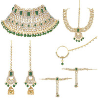 I Jewels 18K Gold Plated Traditional Handcrafted Faux Kundan Studded Bridal Jewellery Set with Earrings & Matha Patti for Women (IJ020G)