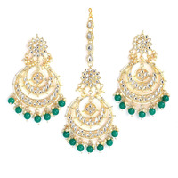 ZENEME Traditional Gold Plated Big Chandbali Kundan & Pearl Earring Set With Maang Tikka for Women (Green)