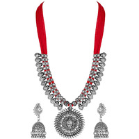 Shining Diva Fashion Latest Oxidized Silver Godess Durga Design Necklace Jewellery Set for Women (Design2-red) (rrsd11242s)