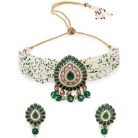 Sukkhi Amazing Gold Plated Green Drop Shaped Kundan & Beads Multistrand Choker Necklace Set With Studs Earring | Jewellery Set For Women (NS105539)