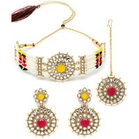 Sukkhi Decorative Round Shaped Multicolor Kundan & Beads Choker Necklace Set With Earring And Maangtika | Jewellery Set For Women (NS105499)