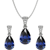 Clara 925 Sterling Silver Royal Blue Tear Drop Pendant Earring Chain Jewellery Set | Rhodium Plated, Swiss Zirconia | Gift for Women & Girls