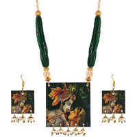 I Jewels Stylish Portrait Handpainted Wooden Pearl Necklace Jewellery With Earrings Set For Women & Girls (ML284)