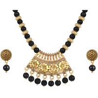 JFL - Jewellery for Less Gold Plated Traditional Antique Oxidised beads jewellery set Semi-Circle Gold Pendant Beaded Necklace Set for Women and Girls. (Black)