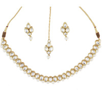 Karatcart Gold-Plated Handcrafted Kundan & Pearl Beads Studded Choker Necklace Set For Womens