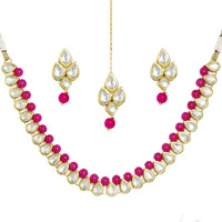 Karatcart Gold-Plated Handcrafted Kundan & Pink Beads Studded Choker Necklace Set For Womens