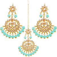 ZENEME Maang Tikka With Earrings Set Flower Shaped Gold Plated Jewellery For Women and Girls (Gold Mint Green)