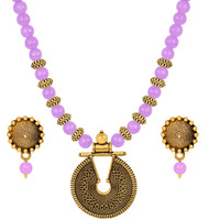 JFL - Jewellery for Less Gold Lavender Purple Beaded Necklace set Keyhole pendant design adjustable length designer set for women & girls,Valentine