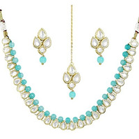 Karatcart Gold-Plated Handcrafted Kundan & Light Blue Beads Studded Choker Necklace Set For Womens