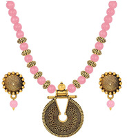 JFL - Jewellery for Less Gold Gajri Pink Beaded Necklace set Keyhole pendant design adjustable length designer set for women & girls,Valentine