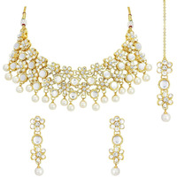 Peora 18K Gold Plated Flower Kundan Pearl Necklace with Maang Tikka Earring Traditional Jewellery Set for Women Girls