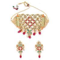 Priyaasi Red & Green Kundan Choker Set/ Jewellery Set for Women | Gold-Plated | Brass Metal | Stone-Studded & Beaded | Flower-Inspired Ethnic Design | Bridal Jewellery Set for Wedding, Puja, & Festivals