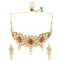 Priyaasi Gold-Plated Gold & Mahroon Kundan Choker Necklace with Earrings with Drawstring Closure for Women