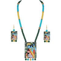 JFL - Jewellery for Less Etnic Radha Krishna Pendant with Multicolor Beaded Handcraft Necklace and Dangler Earrings for Women and Girls.(Sky Blue, Yellow, Green),Valentine