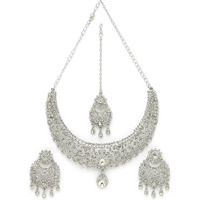 Sukkhi Desirable Rhodium Plated Silver AD White Stones Floral Silver Necklace Set With Earring And Maangtika | Jewellery Set For Women (NS105611)