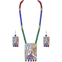 JFL - Jewellery for Less Etnic Peacock Design Pendant with Multi Color and Bead Adjustable Thread Handcraft Necklace and Dangler Earrings for Women and Girls.,Valentine