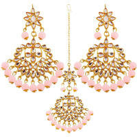 ZENEME Maang Tikka With Earrings Set Flower Shaped Gold Plated Jewellery For Women and Girls (Pink Gold)