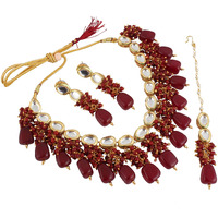 LUCKY JEWELLERY Back Meenakari 18k Gold Plated Maroon Color Tika Earring Combo Jewellery Set Uncut Kundan Big Faux Kundan Dibbi Kundan Choker Necklace Set for Girls & Women