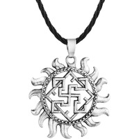 Yellow Chimes Silver Plated God Sun Swastika Symbol Black Leather Rope Pendant Necklace for Men and Women