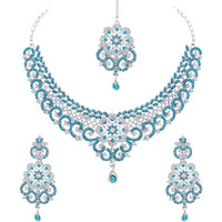 Atasi International Bridal Aqua Blue Silver Set with Earrings and Maang Tikka For Women (RF5291)