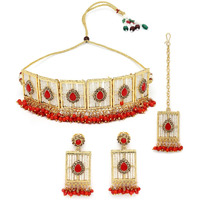 Sukkhi Beautiful Squared Shaped Red Beads With Gold Plated Choker Necklace Set With Earring And Maangtika | Jewellery Set For Women (NS105498)