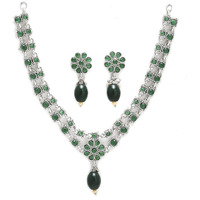 ZENEME Fashion Jewellery Antique Oxidised Silver Plated American Diamond Studded & Pearl Beaded Necklace With Earring Jewellery Set For Women & Girl (Green)