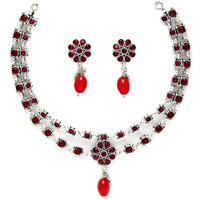 ZENEME Fashion Jewellery Antique Oxidised Silver Plated American Diamond Studded & Pearl Beaded Necklace With Earring Jewellery Set For Women & Girl (Red)