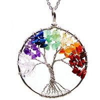 Peora 7 Chakra Rainbow Tree of Life Crystal Wire Wrapped Gemstone Necklace For Women Girls