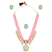 ZAVERI PEARLS Enamelling Green & Pink Beaded Floral Necklace Earring & Ring Set For Women-ZPFK14439