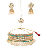 ZAVERI PEARLS Green Stones Traditional Choker Necklace, Earring & Maangtikka Set For Women-ZPFK9578