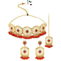 Sukkhi Charming Circular Gold Toned Plated Red Beads Choker Necklace Set With Earring And Maangtika | Jewellery Set For Women (NS105509)