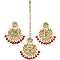 Peora Wedding Traditional 18K Gold Plated Blue Earring Maang Tikka Jewellery Set for Women Girls (Maroon)