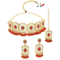 Sukkhi Charming Circular Gold Toned Plated Orange Beads Choker Necklace Set With Earring And Maangtika | Jewellery Set For Women (NS105544)