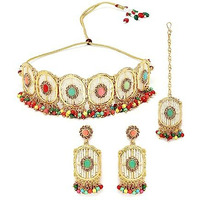 Sukkhi Attractive Circular Gold Toned Plated Multi Beads Choker Necklace Set With Earring And Maangtika | Jewellery Set For Women (NS105546)