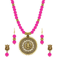 JFL - Jewellery for Less Fashionable Gold Plated Oxidized German Ganesha Beaded Necklace with 2 pair of Earrings Set for Women and Girls(Rani Pink),Valentine