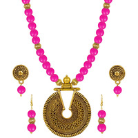 JFL - Jewellery for Less Fashionable Gold Plated Oxidized German Key Hole Beaded Necklace with 2 pair of Earrings Set for Women and Girls(Rani Pink),Valentine