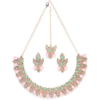 Sukkhi Admirable Fashionable AD Mint Green Stones Collar Bone Necklace Set With Earring And Maangtika | Jewellery Set For Women (NS105672)