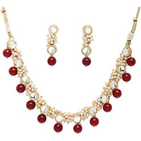 Karatcart Womens Gold-Plated Red Beads and Pearl Ball Studded Handcrafted Kundan Choker Necklace Set