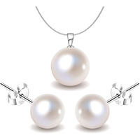 HighSpark Pearl Earrings Pendant Chain Set | 92.5 Sterling Silver & Brilliant Lustre Pearls | Lovely Gift for Women & Girls - Pearl Set