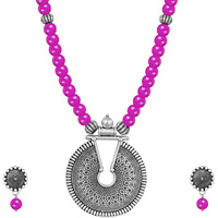 JFL - Jewellery for Less Fashionable Oxidized German Silver Key Hole Beaded Necklace with 1 pair of Earrings Set for Women and Girls(Pink),Valentine