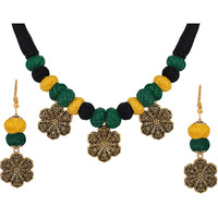 JFL - Jewellery for Less Fashion Handcrafted Gold German Silver Oxidized Beads with Red Cotton Adjustable Thread Necklace Set (Yellow & Green) For Unisex Adult,Valentine