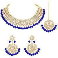 Peora 18K Gold Plated Traditional Kundan Pearl Blue Faux Pearl Choker Necklace with Earring Maang Tikka Jewellery Set for Women Girls