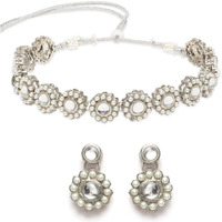 Karatcart Oxidised Silver White Kundan and Pearl Choker Necklace Set for Women